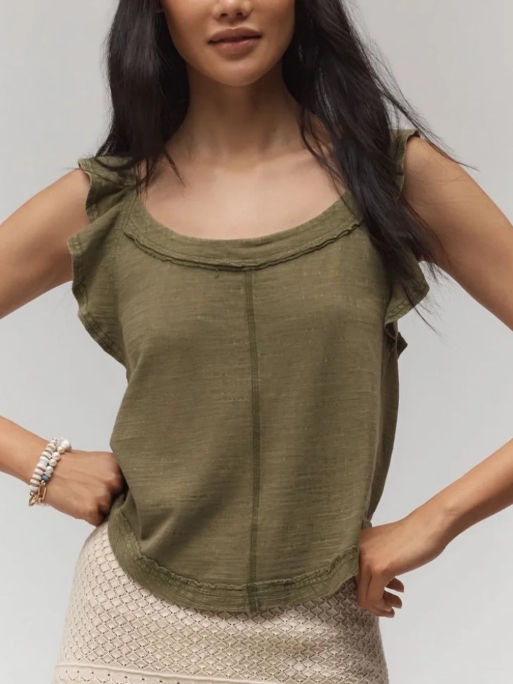 Anthropologie Pilcro Ruffle-Trim Scoop-Neck Tank 100% Cotton Top in Garden Green